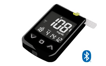 The preset blood glucose meter with a large display. Side-loading test strip allows hygienic strip removal without blood contact. Automatic data transfer via Bluetooth® to the mylife App or via micro-USB.