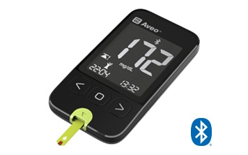 The simple and functional blood glucose meter with large display and strip ejector with automatic data transmission to a smartphone with installed mylife App.